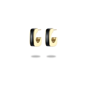 Minimalist C-shaped geometric 18K gold-plated titanium steel earrings with black enamel detail