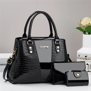 Three-piece black crocodile pattern handbag set including tote bag, wallet and card holder