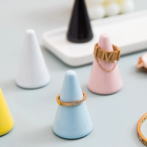 Minimalist cone ceramic ring holder set in various colors for jewelry display
