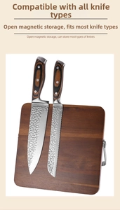 Macro detail of magnetic walnut wood knife block with stainless steel base and knives