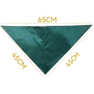 Detail of dark green cotton pet bandana with 65cm by 45cm sizing dimensions displayed