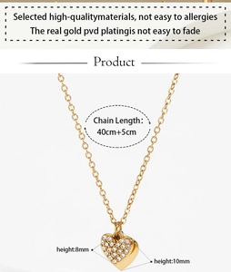 Detailed specs of heart pendant necklace with PVD gold plating and zircon inlay details
