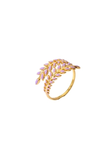 Detail of 18k gold plated ring featuring purple enamel leaf design and golden band