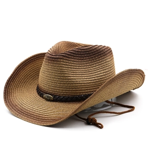 Brown gradient western straw cowboy hat with bull buckle and adjustable wind cord