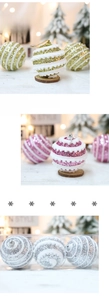 Detail of 8cm glittered Christmas balls with stripe and snowflake textures in gift boxes