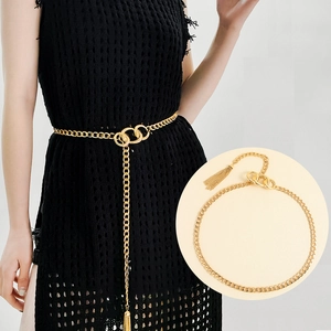 Gold Metal Chain Belt Women Triple Interlocked Rings Tassel Curb Link Waist Decorative Casual Adjustable Accessory