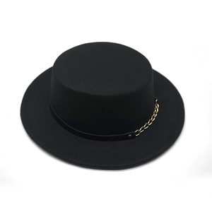 Black wool felt boater hat with a stylish gold chain and leather belt decoration