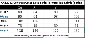 Size chart detail for contrast lace satin top showing measurements in centimeters