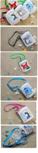 Detail of colorful cartoon animal mesh beach bags with adjustable straps for kids