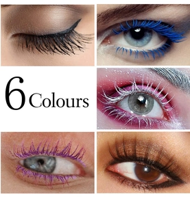 Close-up of 6 vibrant waterproof mascara shades including white, blue, and pink on eyelashes