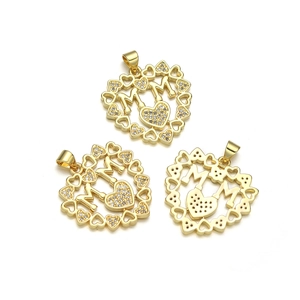 Minimalist gold MOM heart pendant necklace with shimmering crystals on white background