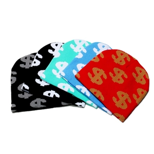 Winter knit beanies featuring dollar sign jacquard pattern in various vibrant colors