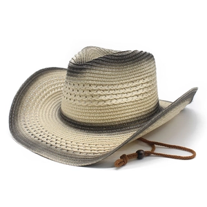 Cappello da cowboy in paglia sfumata con fori di ventilazione e cordino marrone