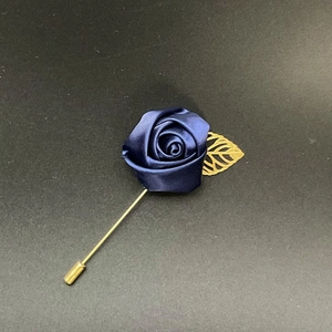 Navy blue satin rose lapel pin with golden metal leaf for men suit and wedding