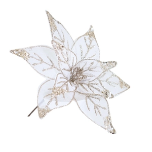 26cm champagne white sheer mesh poinsettia flower with gold glitter for Christmas tree