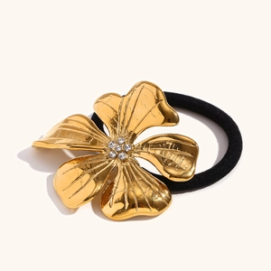 Élastique à cheveux élégant en acier doré 18 carats avec fleurs en cristal brillant