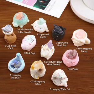 Animal crystal stone blind box set featuring resin bases with raw mineral stones on wood