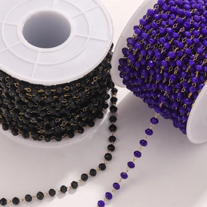 DIY stainless steel gold chain with faceted black and deep purple crystal beads