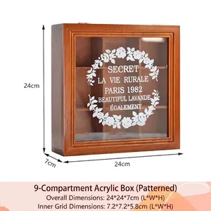 Macro view of 9-compartment wooden storage box with dimensions and acrylic lid detail
