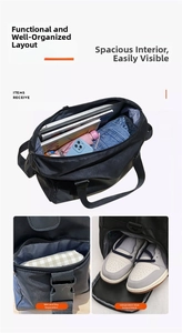 Detail of travel bag showing dry wet separation pocket and independent shoe compartment