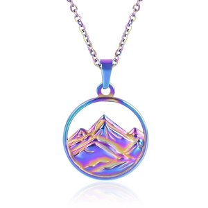 Macro shot of colorful 18K gold stainless steel mountain pendant with rainbow finish