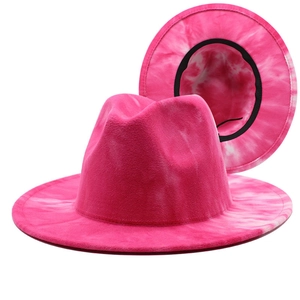 Pink tie-dye fedora hat in wool felt with wide brim and marble pattern for men and women