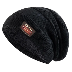 Men's winter knit beanie with warm fleece lining and leather patch in solid black