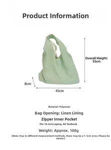 Detailed size chart of the light green polyester tote bag showing large capacity and dimensions