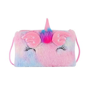 Detail of plush unicorn bag with gradient fur, pink sequin wings and embroidery