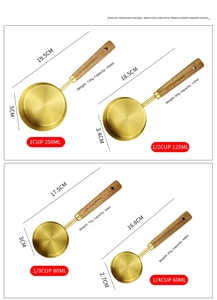 Detailed size chart for stainless steel measuring cups with acacia wood handles