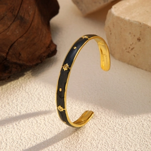 Chic 18K gold plated stainless steel open bangle with black enamel and star motif