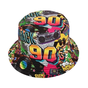 Macro view of 90s retro pattern bucket hat showing stitching and canvas texture