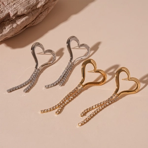 Heart Shaped Rhinestone Tassel Dangle Earrings For Women With 925 Sterling Silver Earring Post Elegant Copper Jewelry