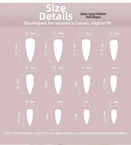 Detailed size guide for long stiletto press-on nails showing 24 pieces in 12 sizes