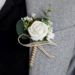 White Artificial Rose Boutonniere With PE Foam Flower Eucalyptus And Jute Twine Rustic Wedding Groom Party Accessory