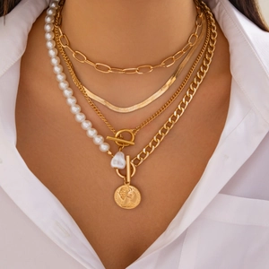 Baroque irregular pearl layered necklace with gold coin pendant and vintage snake chains