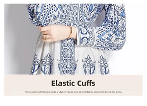 Close-up of elastic cuffs and blue Mediterranean print on vintage V-neck dress