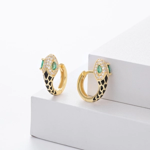 S925 silver gold snake hoop earrings with green gemstone and black enamel details