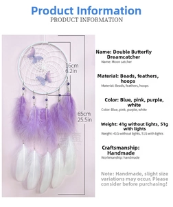 Detailed view of handmade butterfly dream catcher showing size dimensions and purple feathers