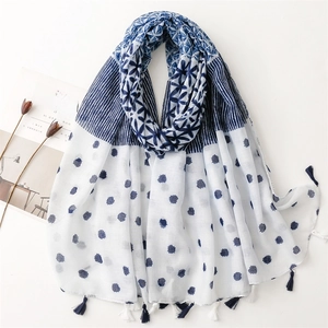 Blue White Printed Long Scarf Women Polyester Cotton Feel Sunshade Beach Shawl With Tassels Striped Floral Polka Dot Wrap