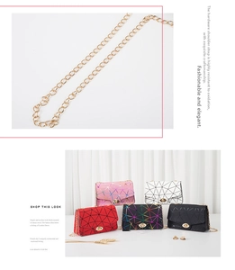 Macro shot of metal chain and geometric lattice crossbody bags in multiple colors