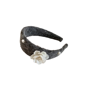 Elegant grey wool headband with a large white 3D flower and delicate pearls decor