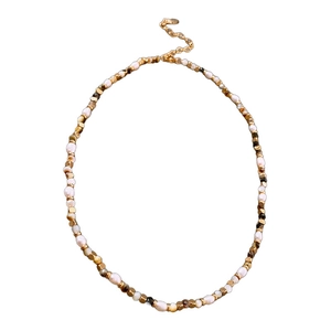 Maillard style freshwater pearl and brown agate beaded necklace with gold metal accents