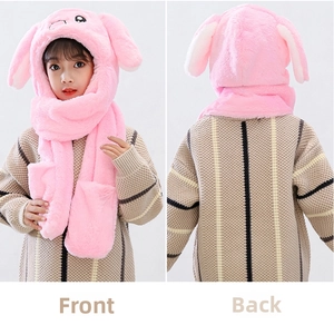 Front and back views of a pink plush rabbit ear hat with scarf and glove pockets