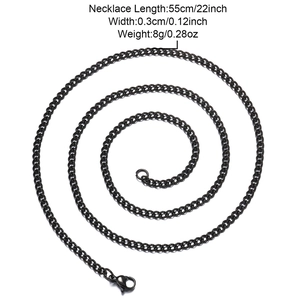 Macro view of 3mm black stainless steel curb chain with dimensions and lobster clasp
