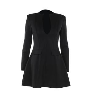 Elegant black long sleeve bodycon dress with deep U-neckline and decorative waist pockets