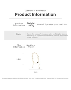Detailed specs for 142cm tiger eye and pearl vintage necklace weighing 56.6g