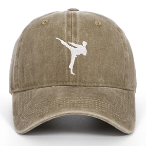 Vintage khaki washed cotton baseball cap featuring martial arts kung fu embroidery
