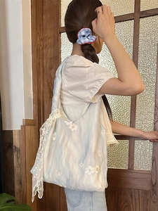 Women Floral Embroidery Lace Tote Bag Large Capacity Organza Mesh Shoulder Bag Sweet Aesthetic Handbag