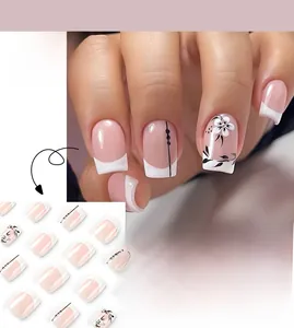 Short square press-on nails with white French tips and black floral line art designs